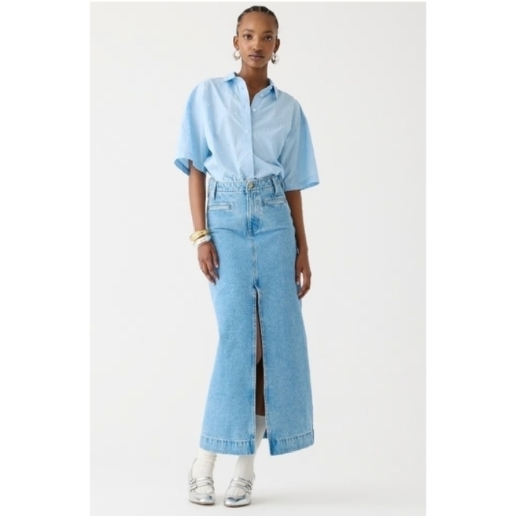 Indigo Wash Long Split Denim Cotton Maxi Skirt